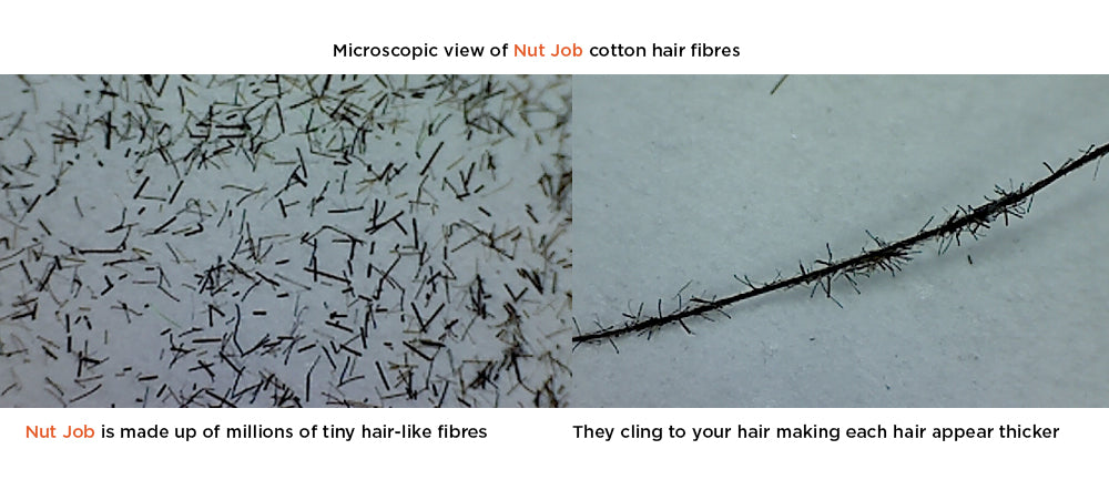 Side by side microscope photos of loose dark cotton fibres and of fibres clinging along a single strand of hair