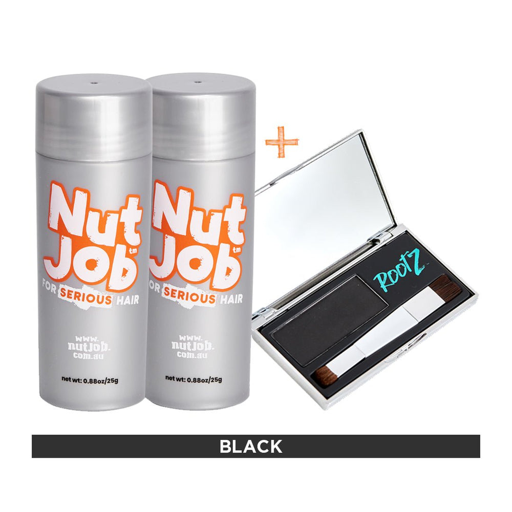 Hair loss cover up starter pack. Hide balding crown with shake on fibres plus waterproof concealer. - Nut Job