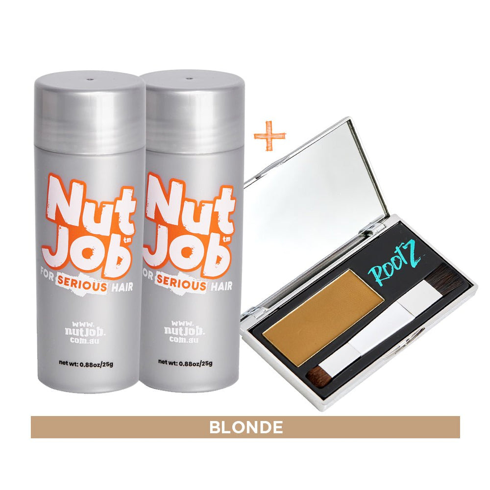 Hair loss cover up starter pack. Hide balding crown with shake on fibres plus waterproof concealer. - Nut Job
