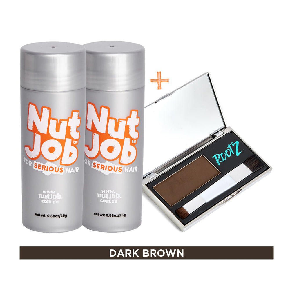 Hair loss cover up starter pack. Hide balding crown with shake on fibres plus waterproof concealer. - Nut Job