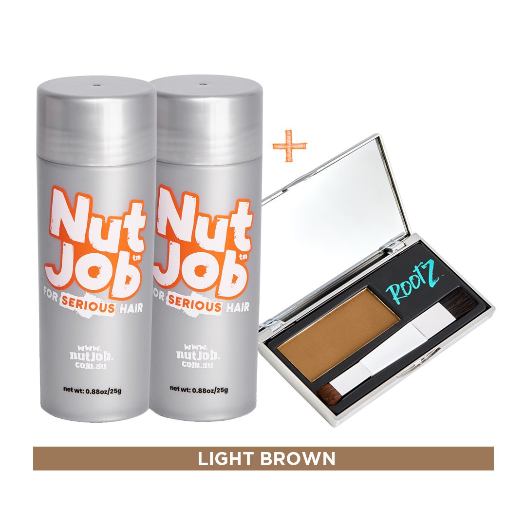 Hair loss cover up starter pack. Hide balding crown with shake on fibres plus waterproof concealer. - Nut Job