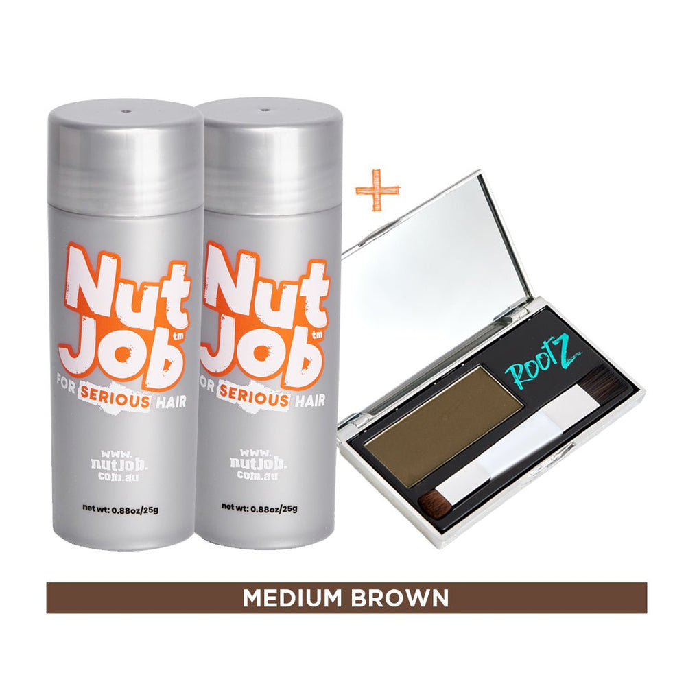Hair loss cover up starter pack. Hide balding crown with shake on fibres plus waterproof concealer. - Nut Job