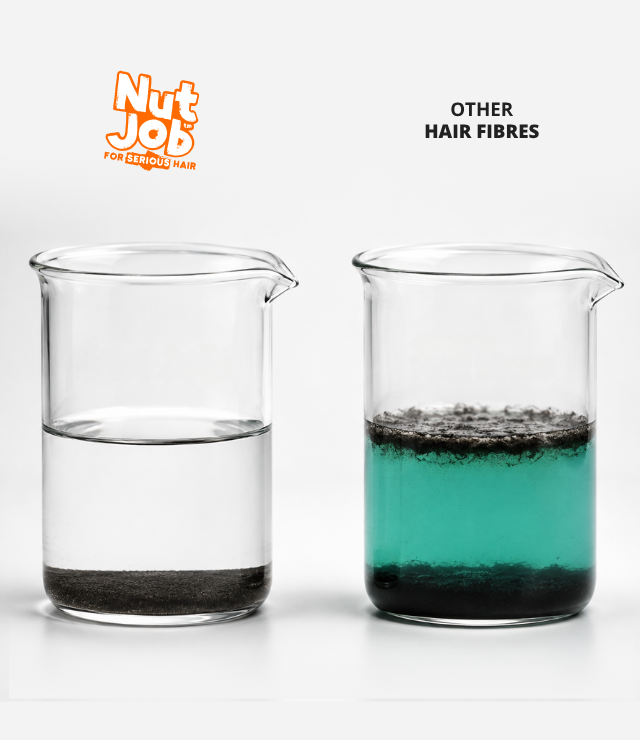 Water test: a beaker of Nut Job fibres with clear water beside a beaker of other hair fibres with green water