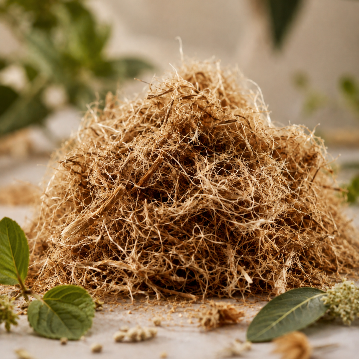 Pile of natural plant fibres on a bench with green leaves