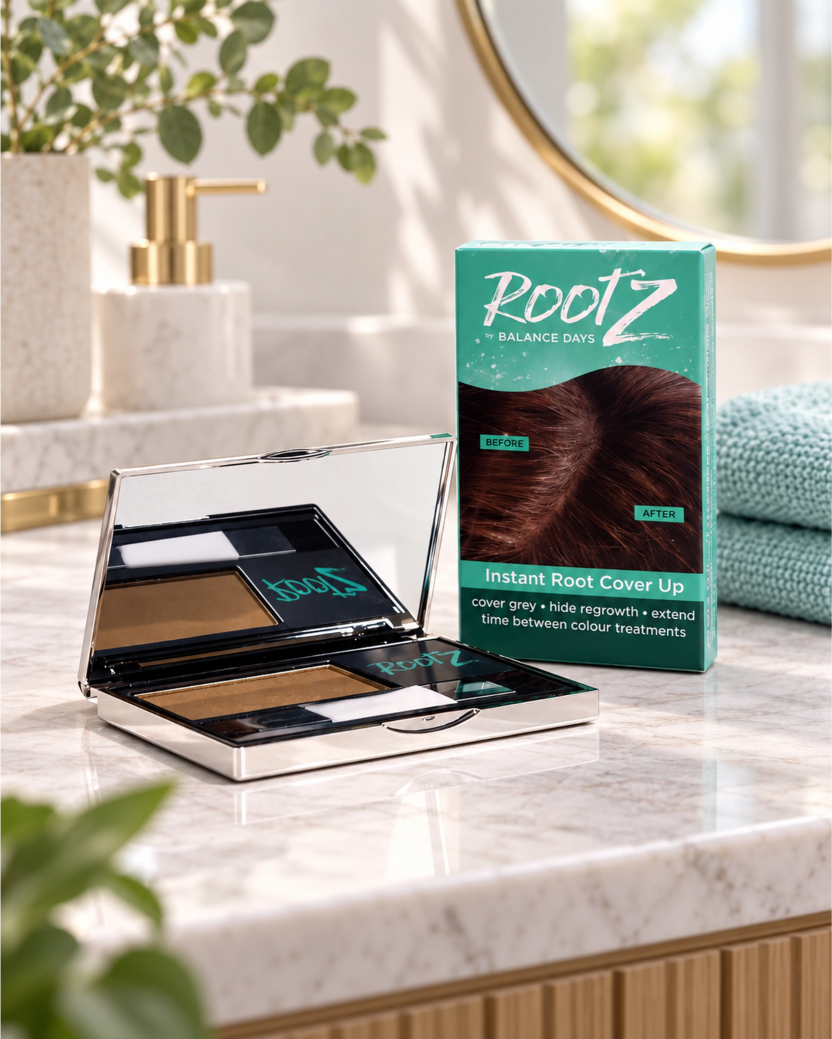 RootZ Instant Root Cover Up compact open to show the powder, beside its box on a bathroom vanity