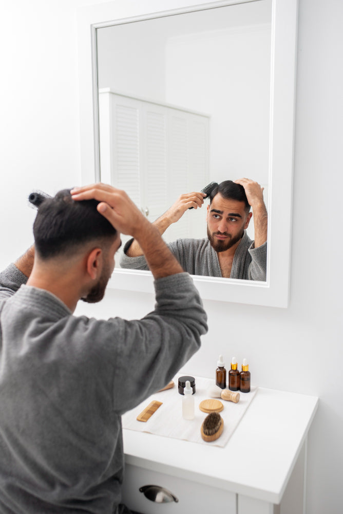 Bearded man in a grey robe styling his hair with a round brush at a bathroom mirror