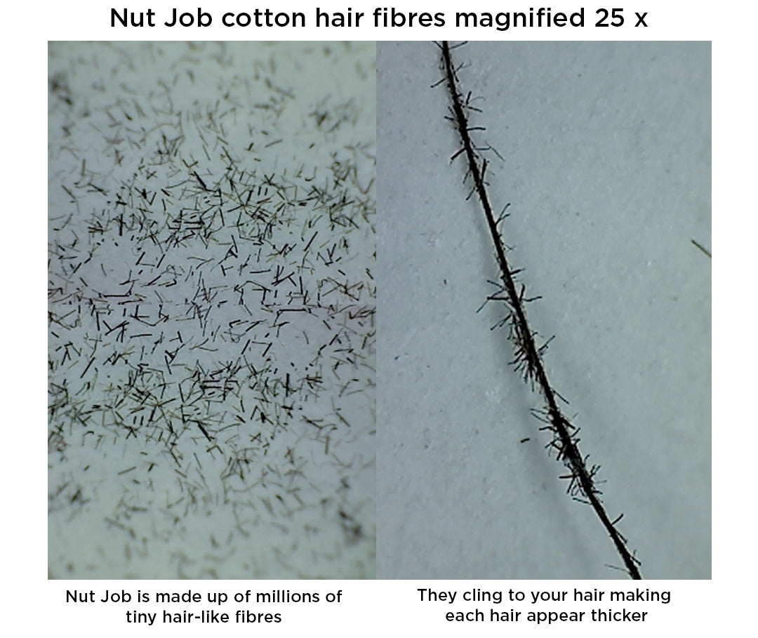 Magnified view of loose Nut Job cotton fibres beside a single hair strand with fibres clinging along it
