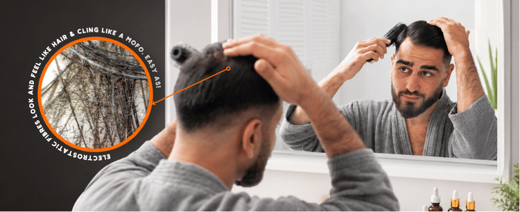 Man styling his hair in a mirror. Inset: electrostatic fibres look and feel like hair and cling like a mofo. Easy as!