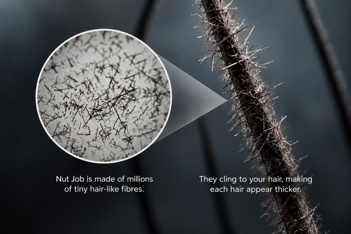 Magnified Nut Job fibres: millions of tiny hair-like fibres that cling to each hair so it looks thicker