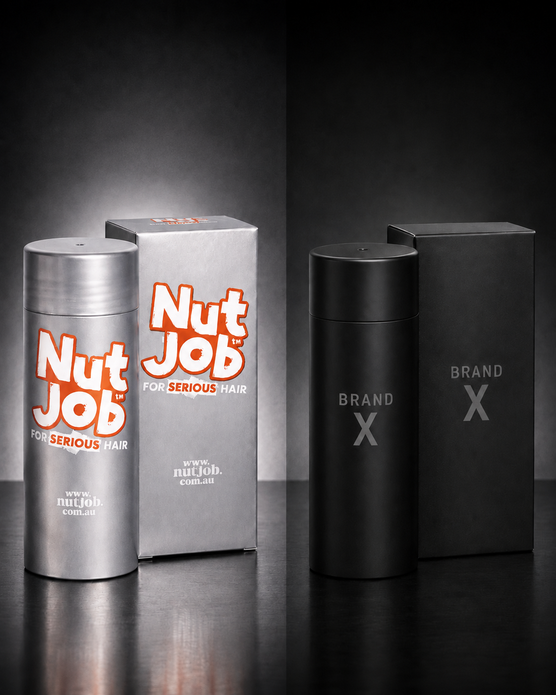 Nut Job hair fibres bottle and box next to a plain black Brand X bottle and box